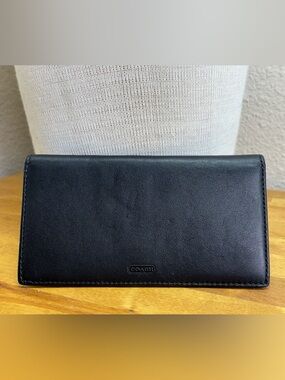 Vintage Coach Black Leather Checkbook Cover Holder Pen Loop 90s Y2K Minimalist